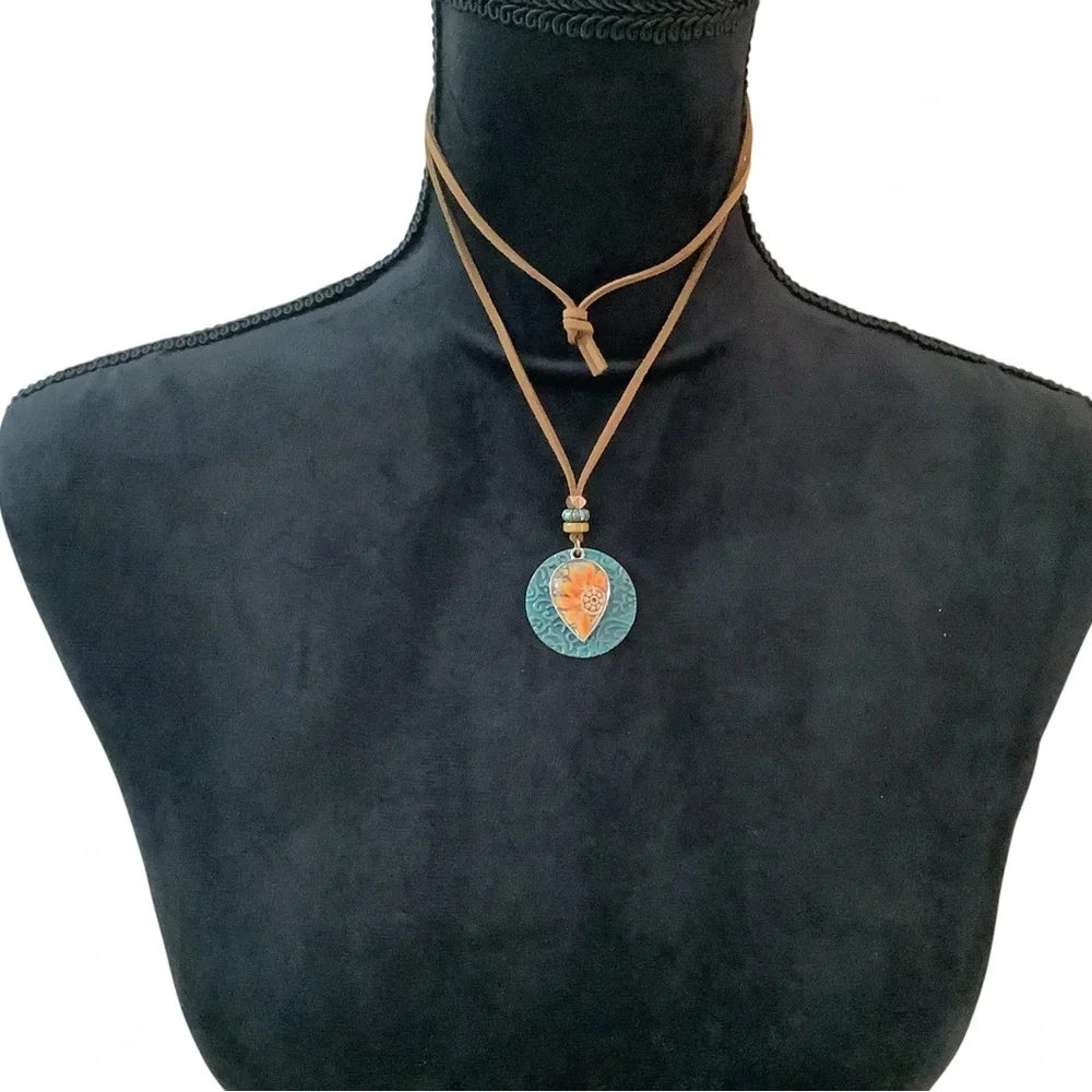 Boho Sunflower Pendant Necklace - Tan Cord, Turquoise & Orange Medallion. NWT - Picture 3 of 8